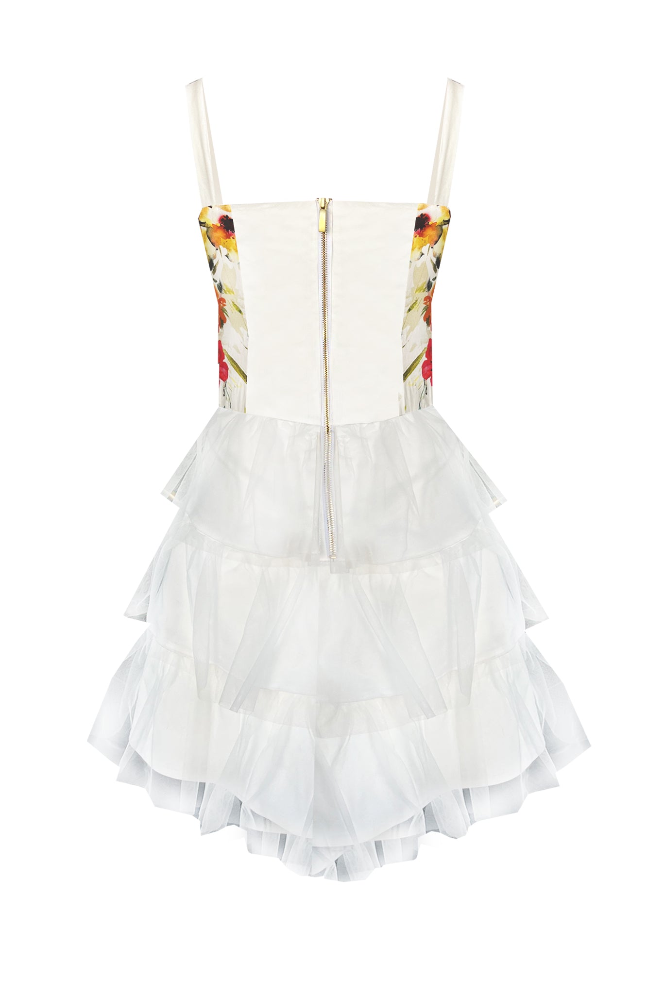 White denim and floral print corset tulle dress