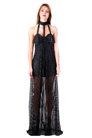 Halter maxi gown with glittery stripes mesh