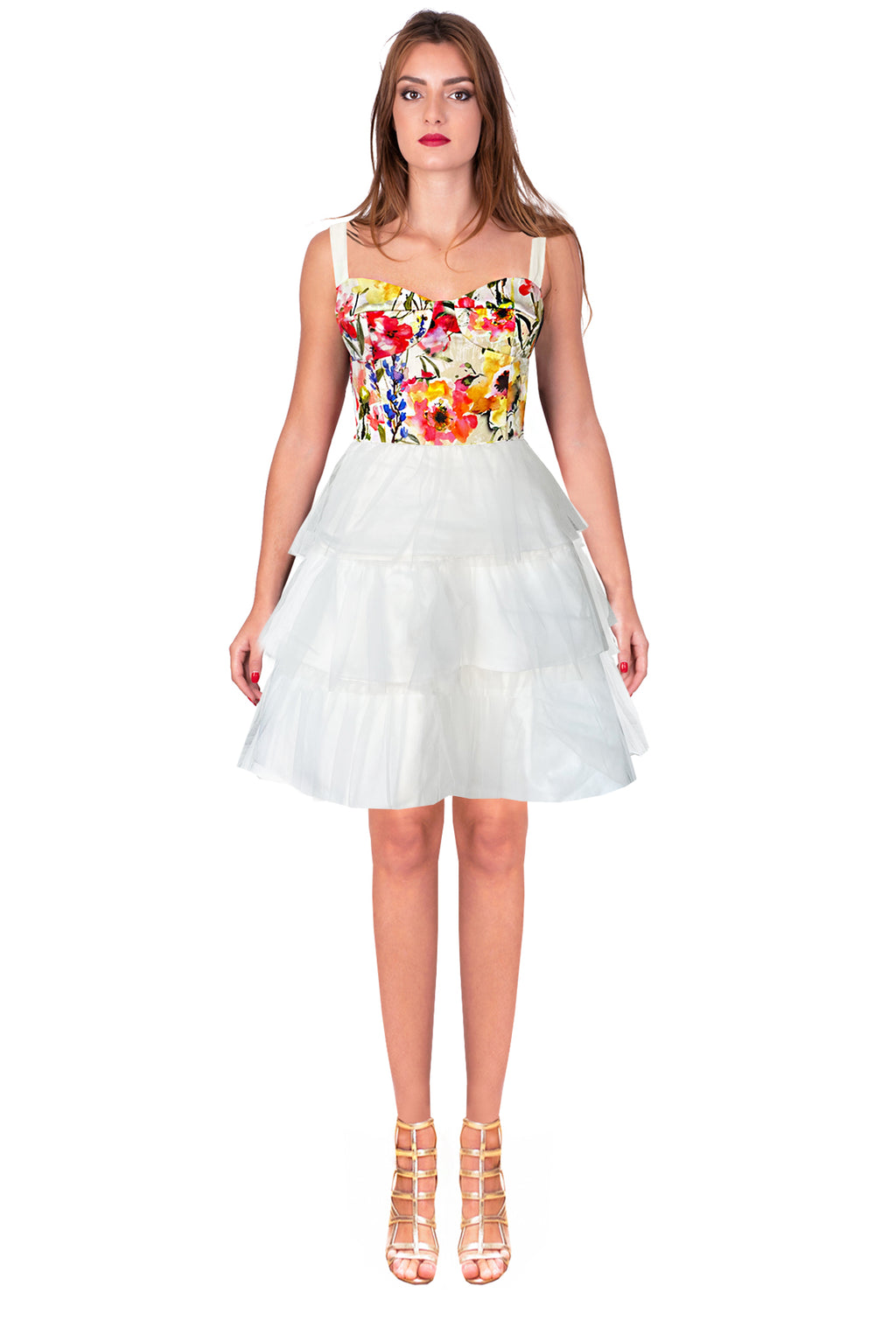 White denim and floral print corset tulle dress