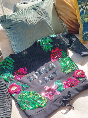 Exotic lust sequins flowers and palms embroideries sweater