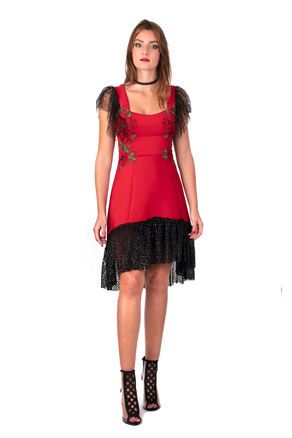 Red Neoprene dress with embroidered roses