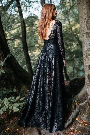 Asymmetric long black leather lace dress