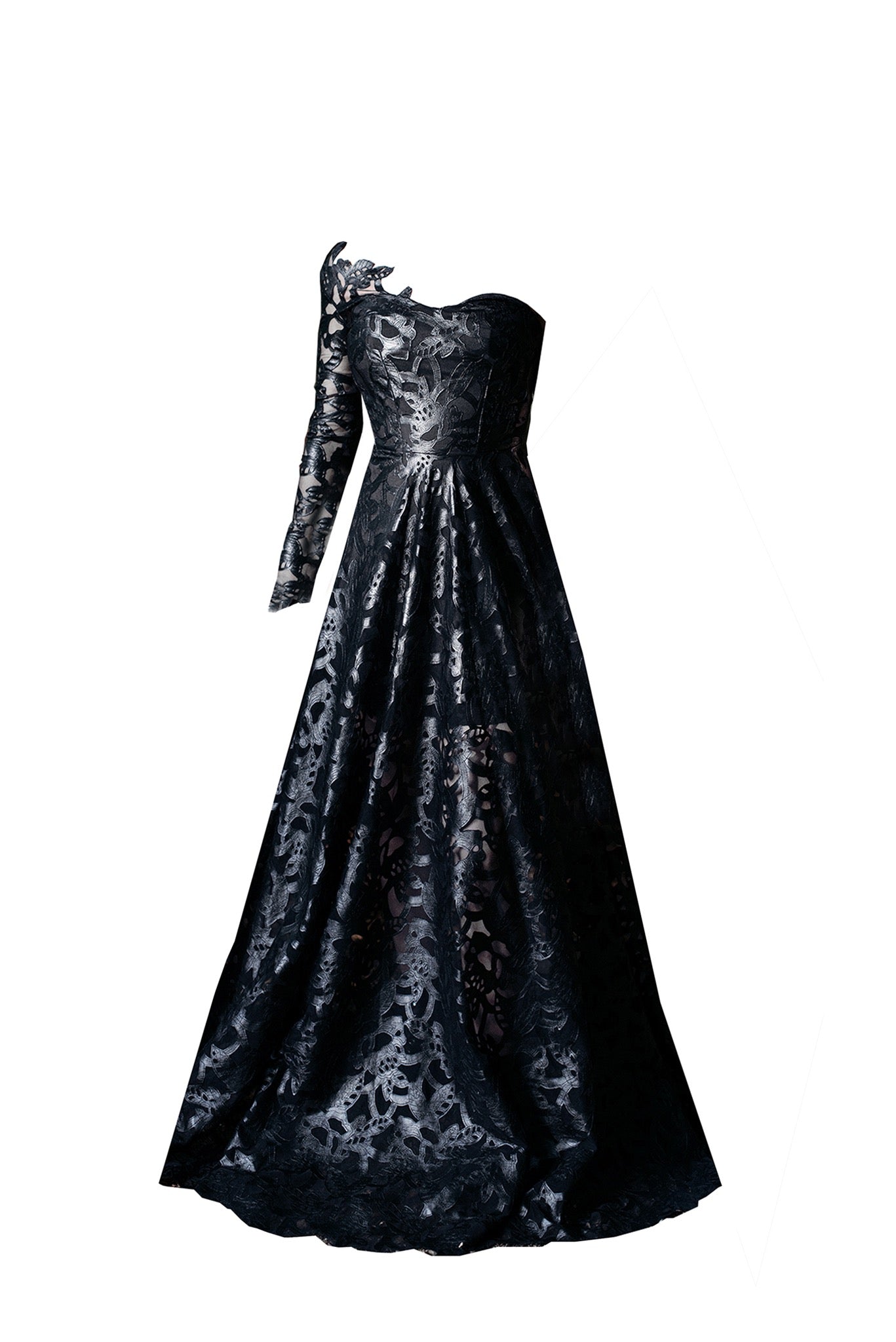 Asymmetric long black leather lace dress