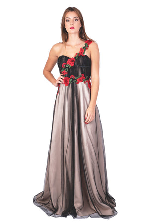 Embellished tulle bustier maxi gown with red embroidered flowers
