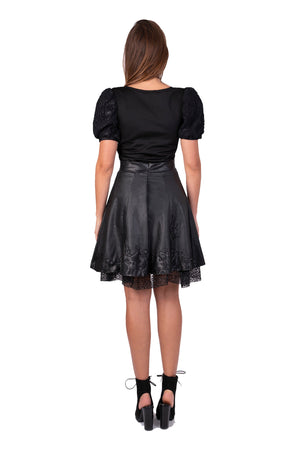 Trapeze leather skirt with flowers embellishment