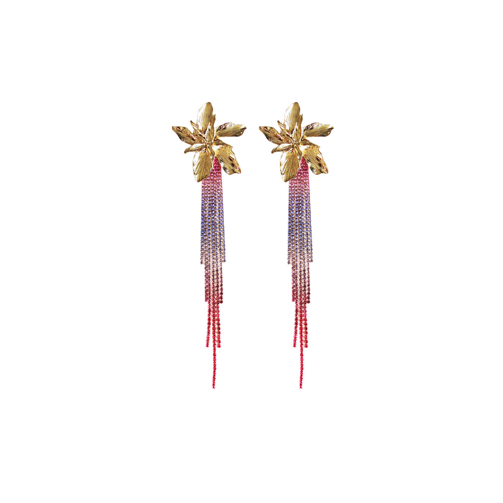 Exotica Pink purple gradient gold flower drop earrings