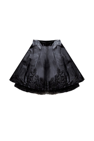 Trapeze leather skirt with flowers embellishment