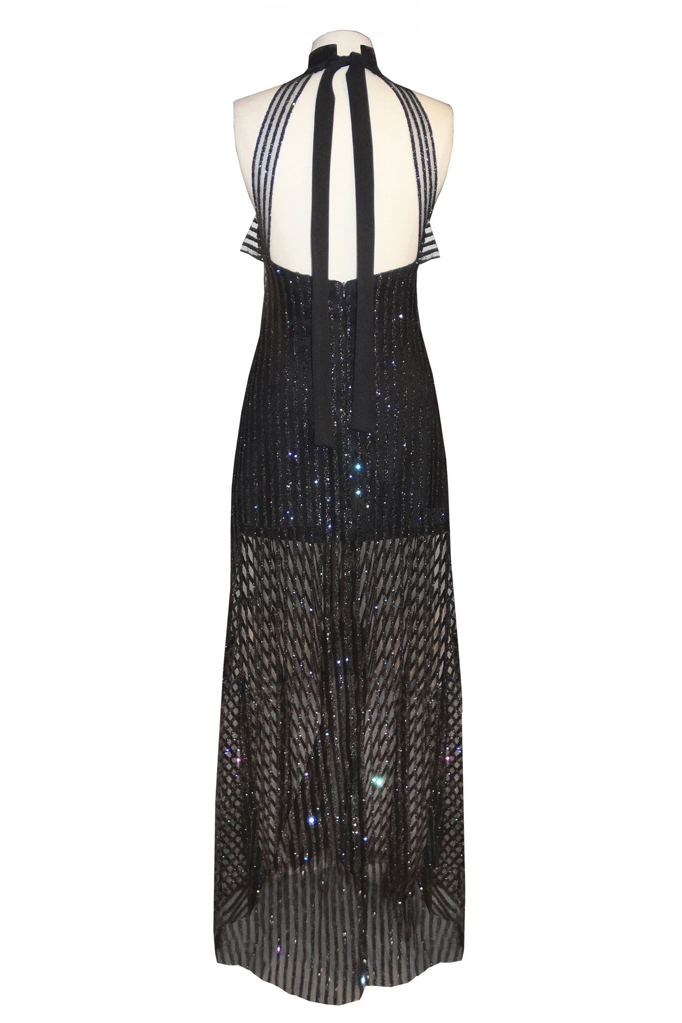 Halter maxi gown with glittery stripes mesh
