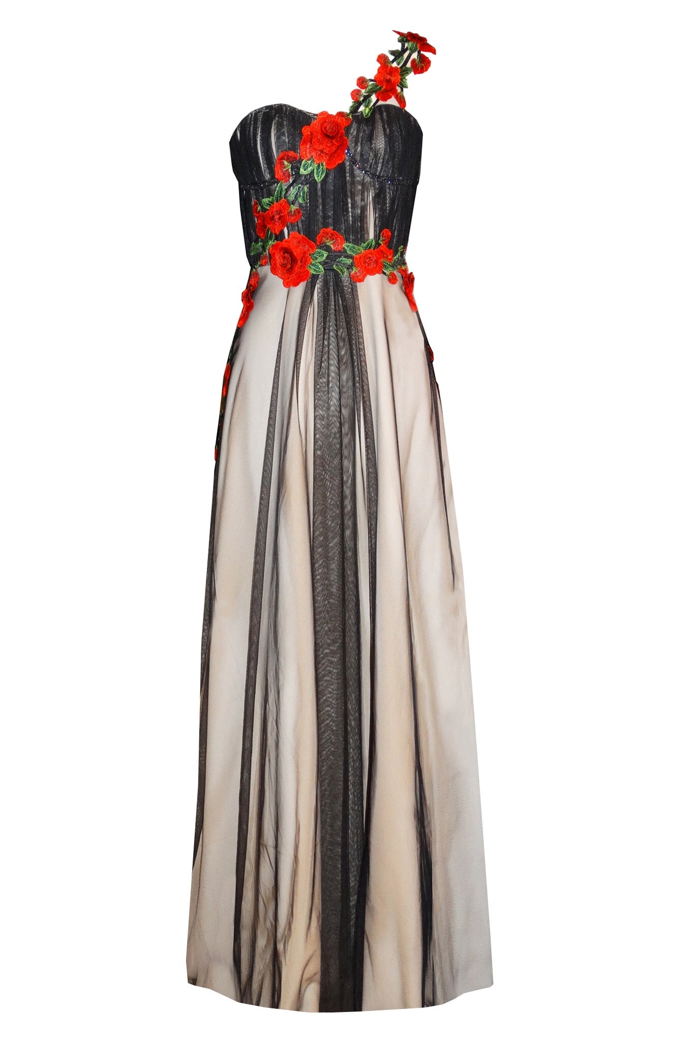 Embellished tulle bustier maxi gown with red embroidered flowers