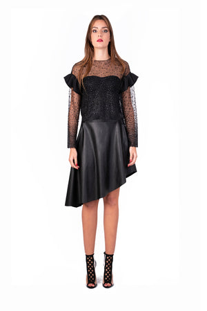 Sparkling sheer mesh top with ruffle sleeves