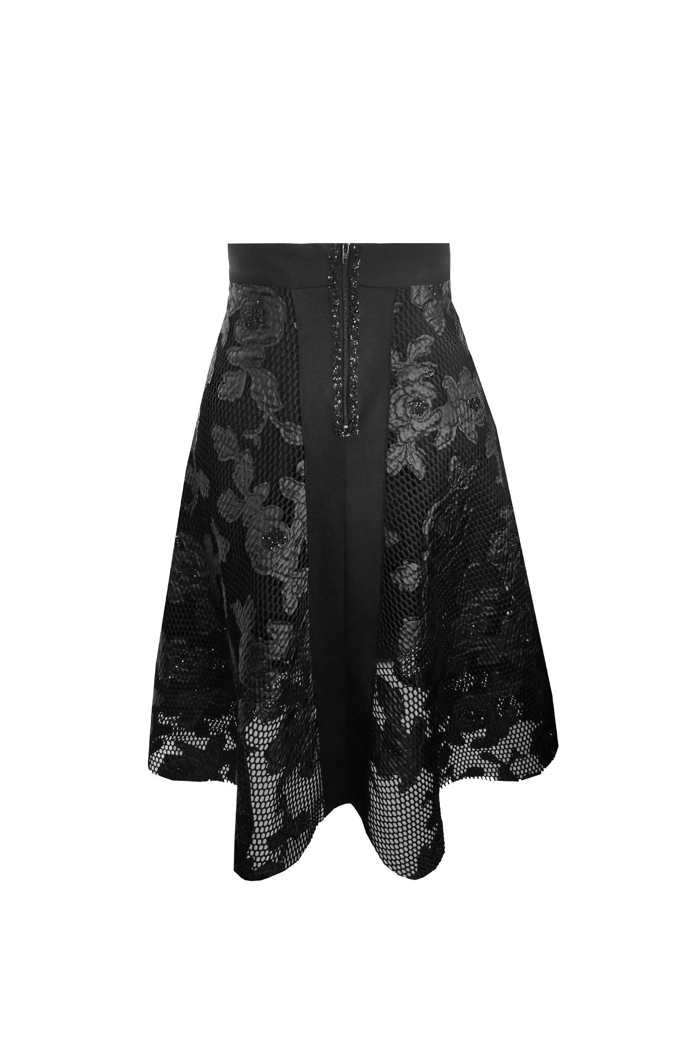 High waist black leather flower net skirt