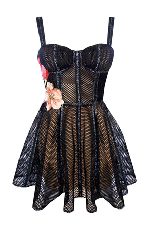 Corset mesh dress with embroidered flowers and Swarovski crystals