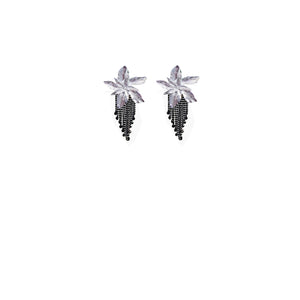 Silver exotica flower drop earrings with black rhinestones