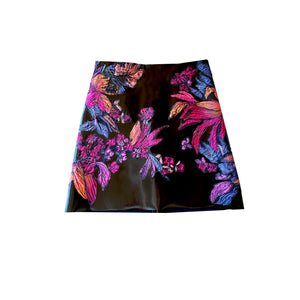 Exotic embroideries black patent trapeze skirt