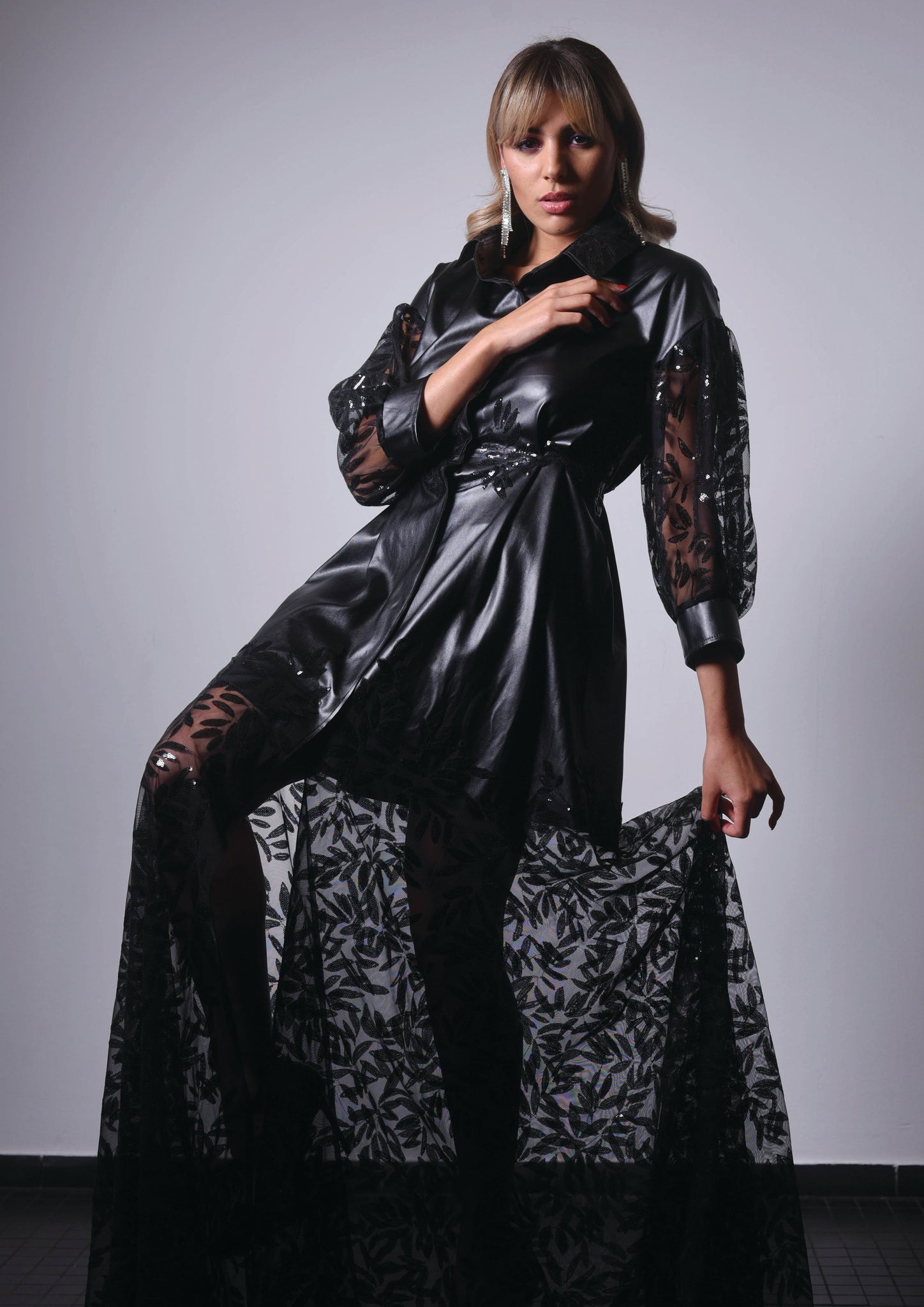 Black vegan leather lace dress