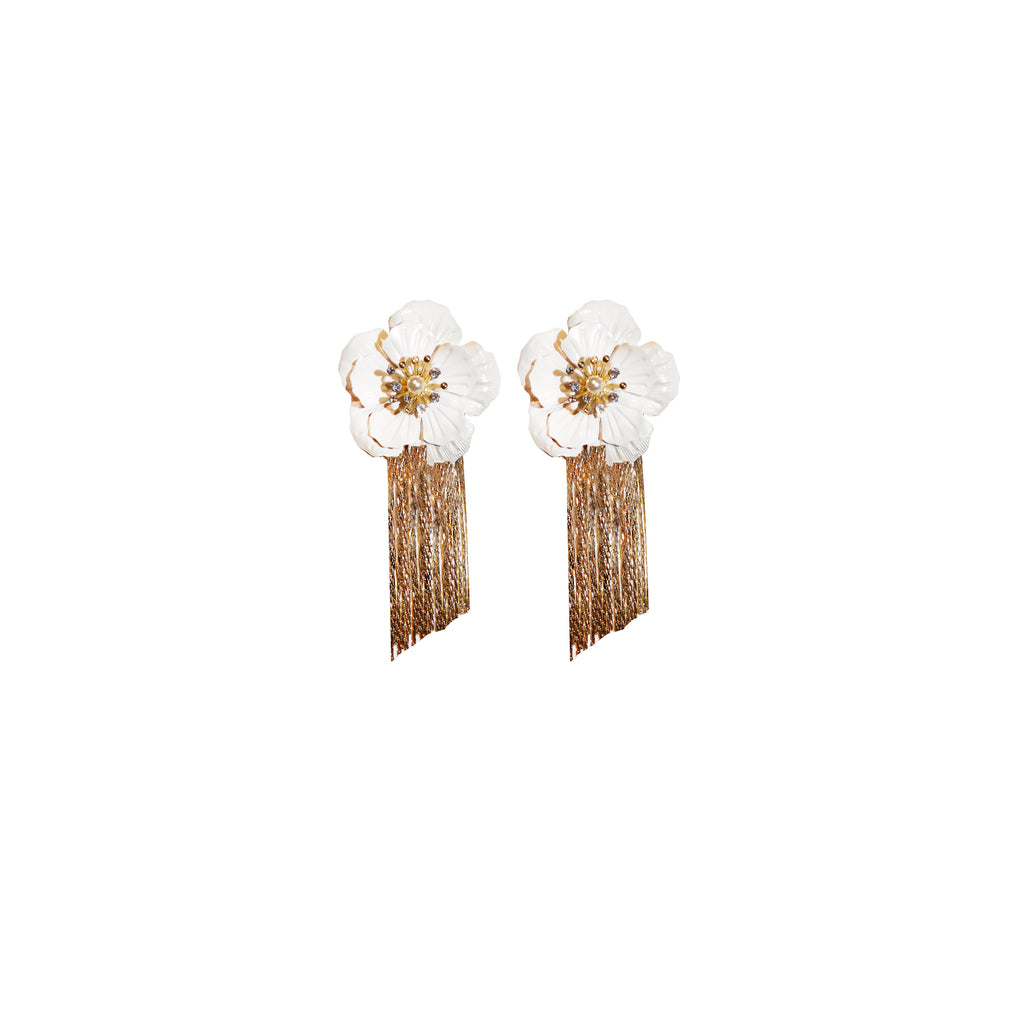 White camelia gold drop flower earrings
