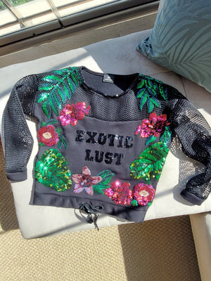 Exotic lust sequins flowers and palms embroideries sweater