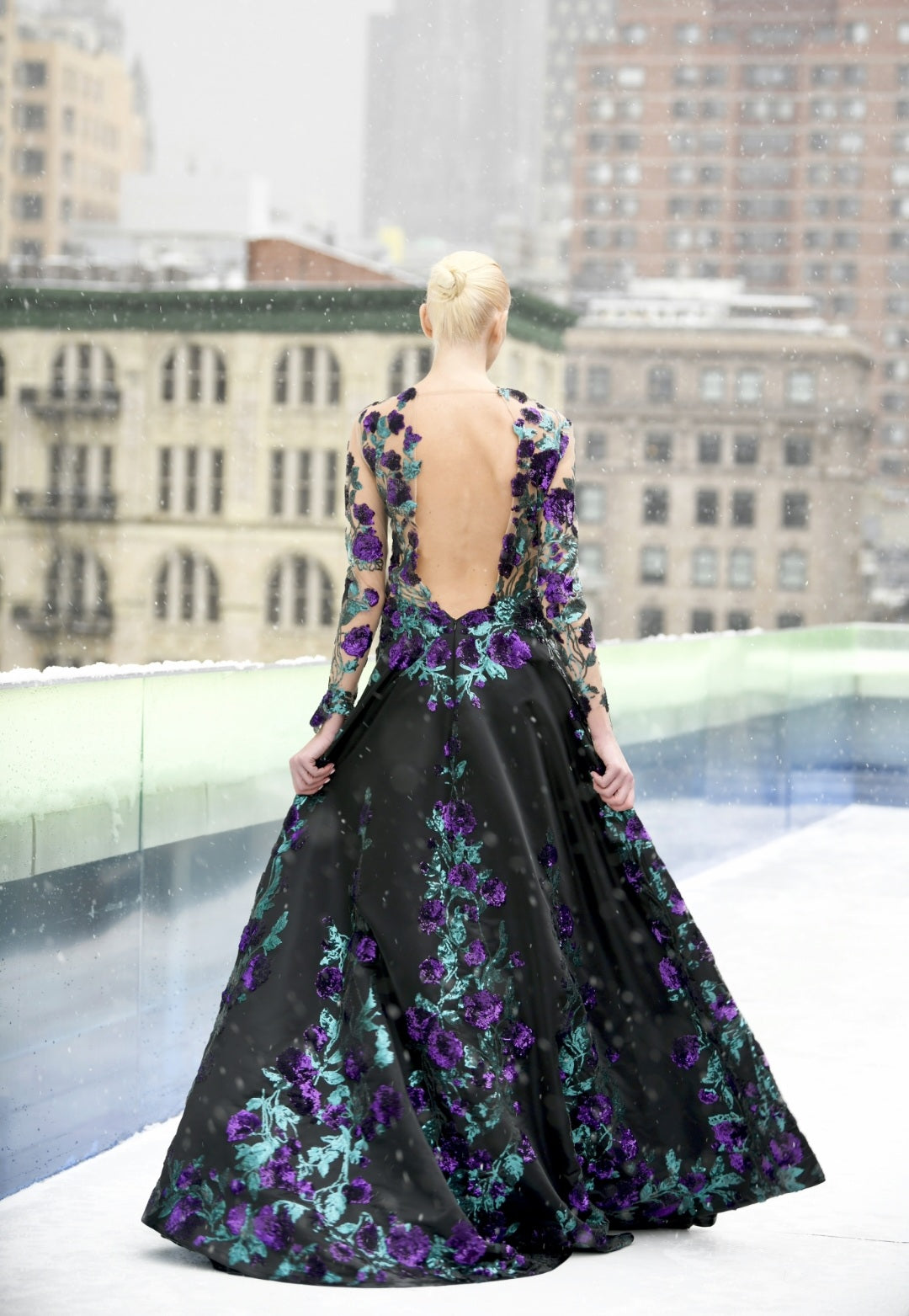 Purple roses embroidery wedding gown