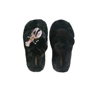 Black fluffy crystal pink beaded lobster slippers