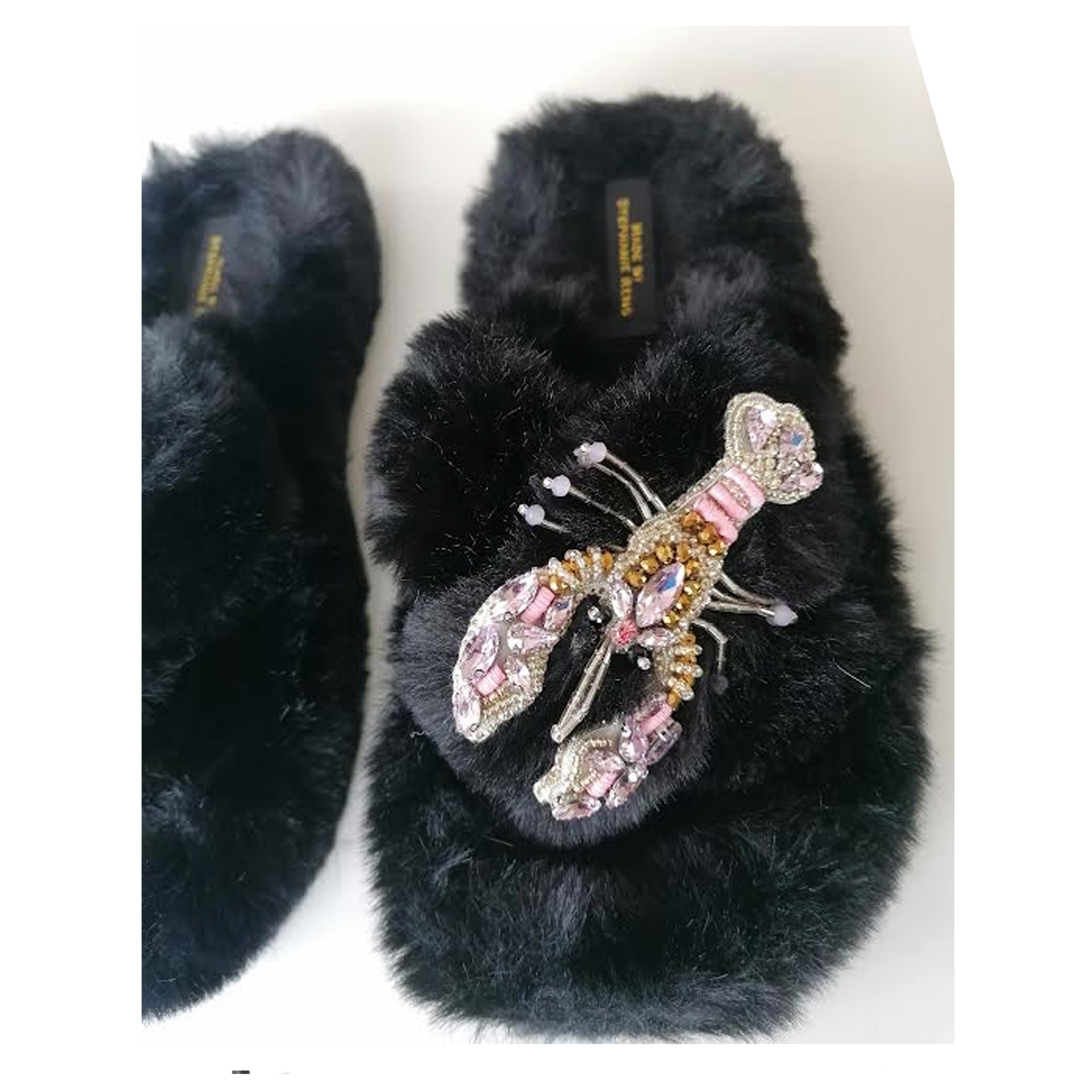Black fluffy crystal pink beaded lobster slippers
