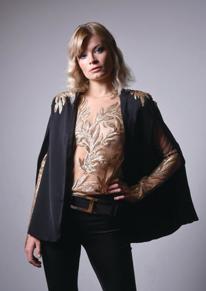 Lena black cape with gold leaves embroidered