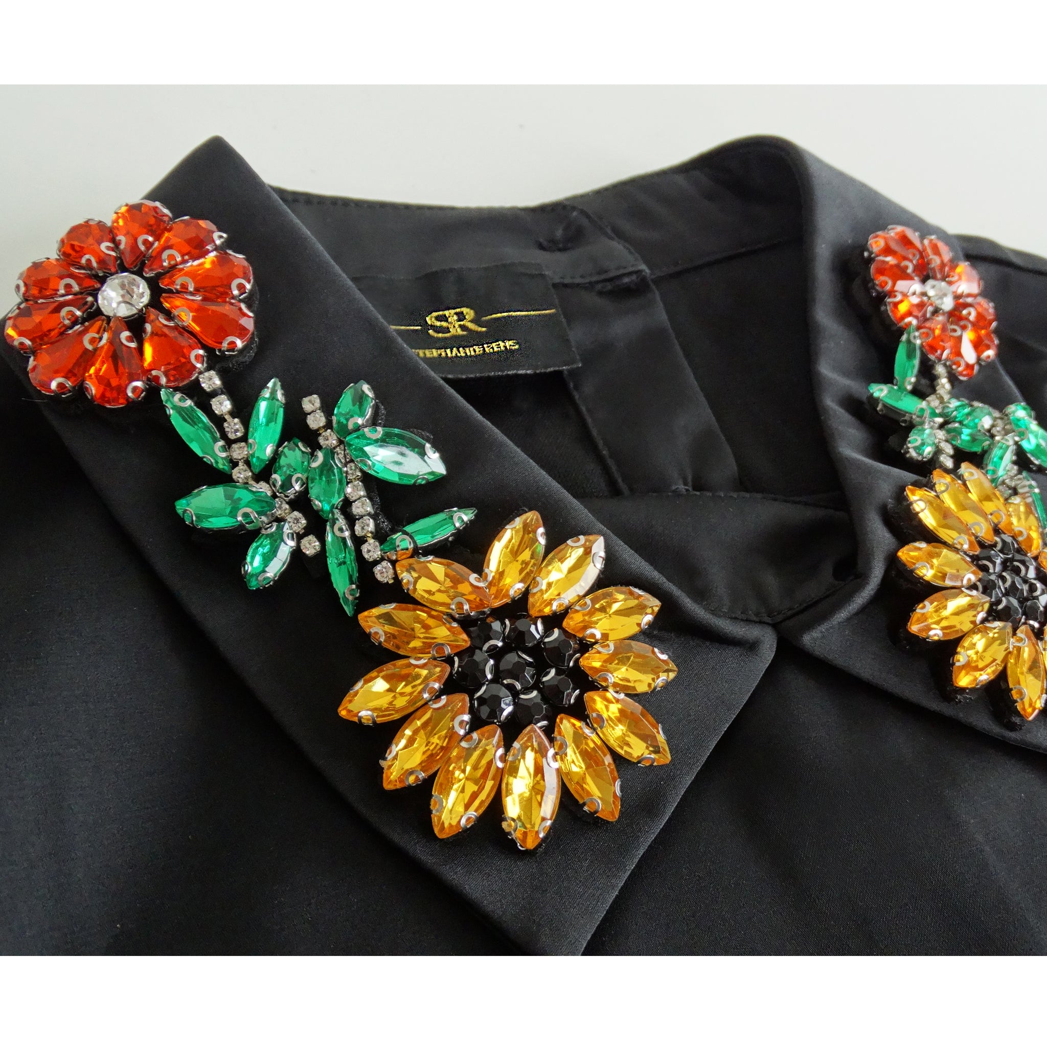 Orange and yellow crystals sunflowers black faux collar