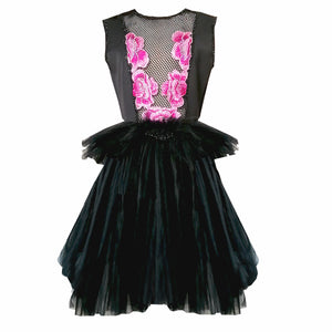 Lila tulle dress with crystal pink flowers embroideries