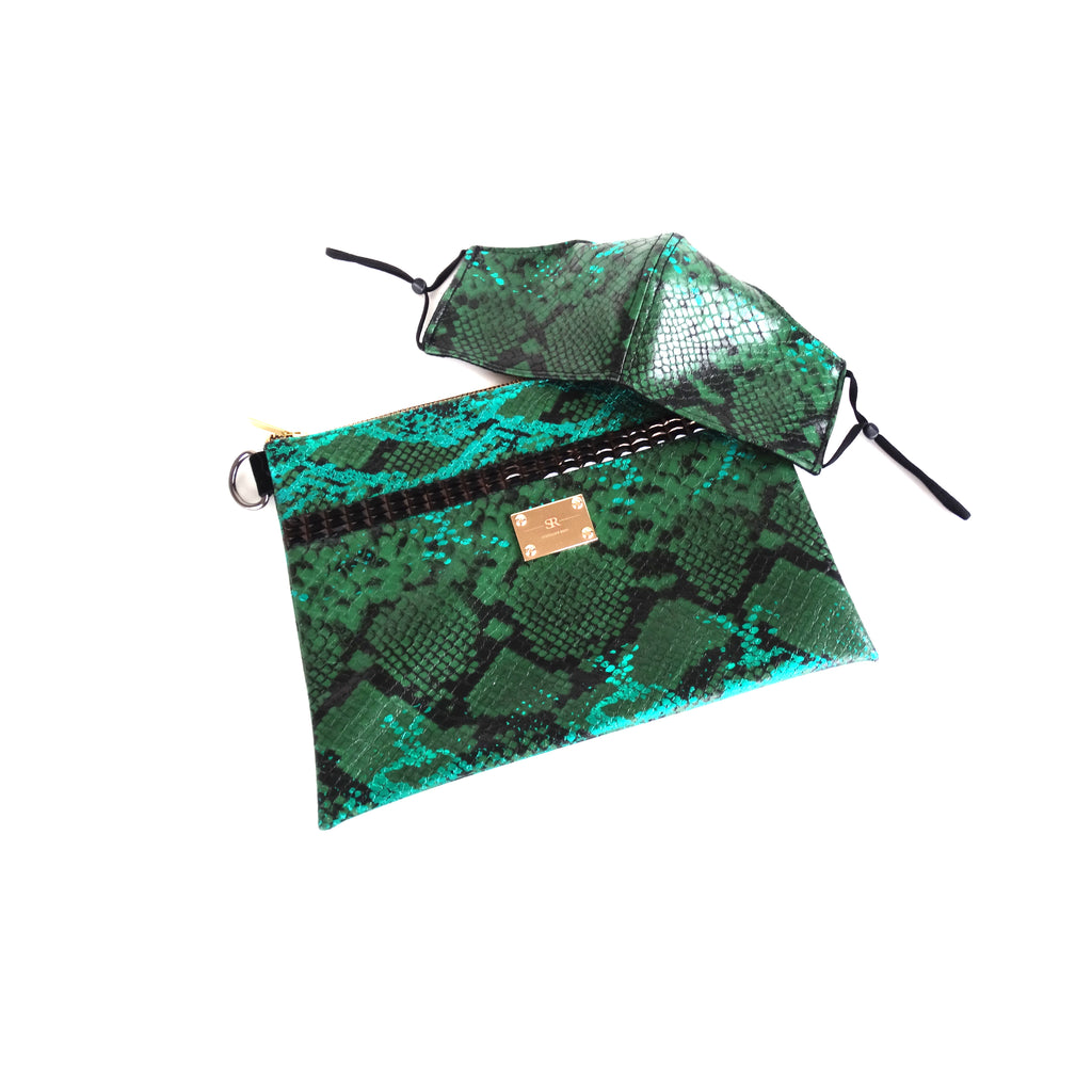 Vegan exotic green pyhton leather zipper case