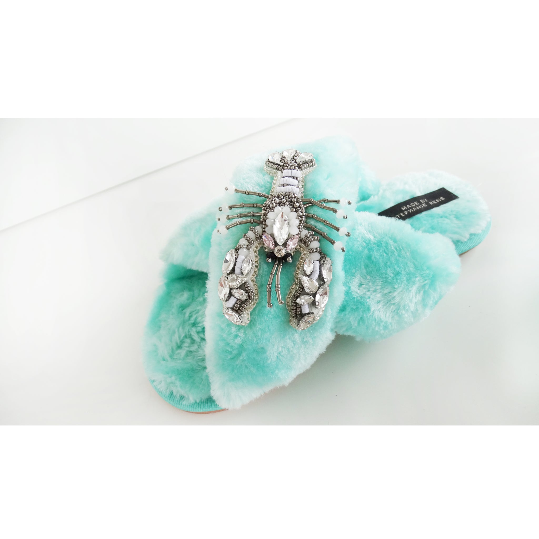 Pastel mint fluffy crystal lobster slippers