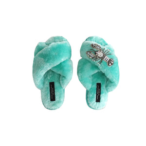 Pastel mint fluffy crystal lobster slippers